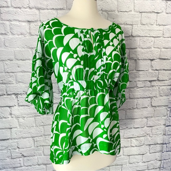 Anthropologie Maeve Geometric Top Print Blouse Green White 100% Cotton Womens 4 - Picture 1 of 12